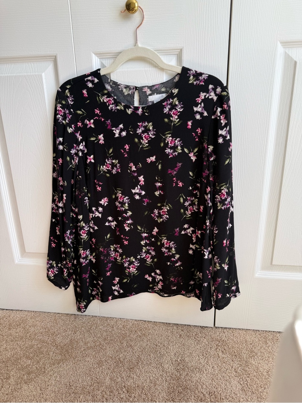 J. Jill Black Blouse with Pink and White Floral Print